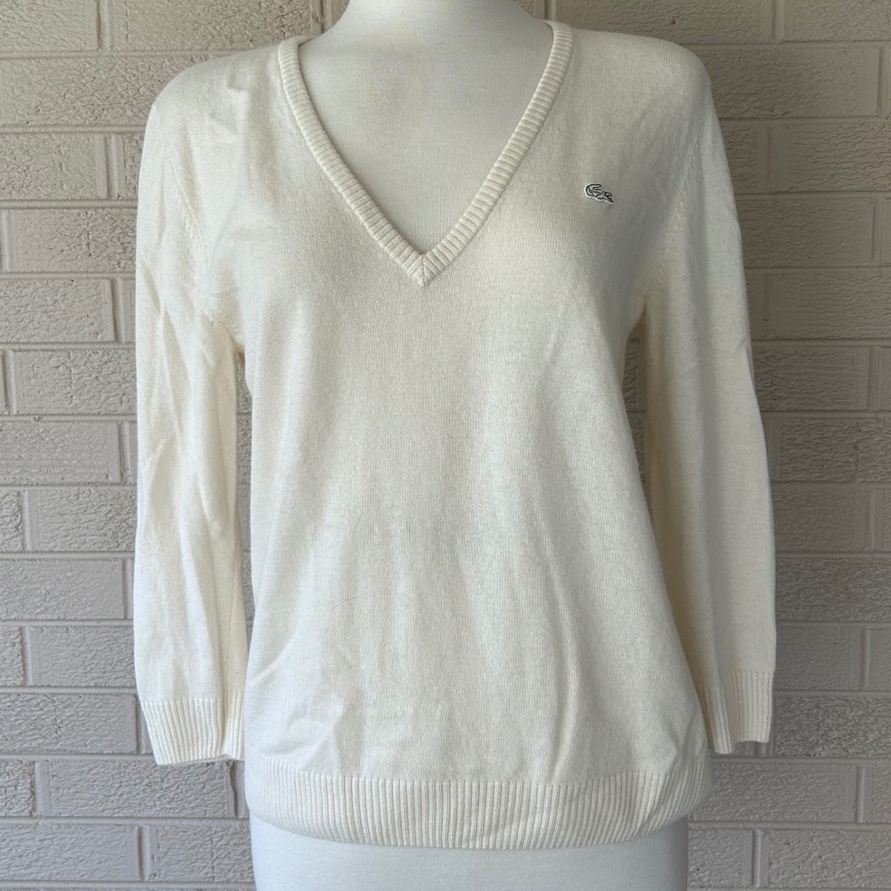 Lacoste Women's V-Neck Sweater Cream 3/4 Sleeve Deep V Neck EUC